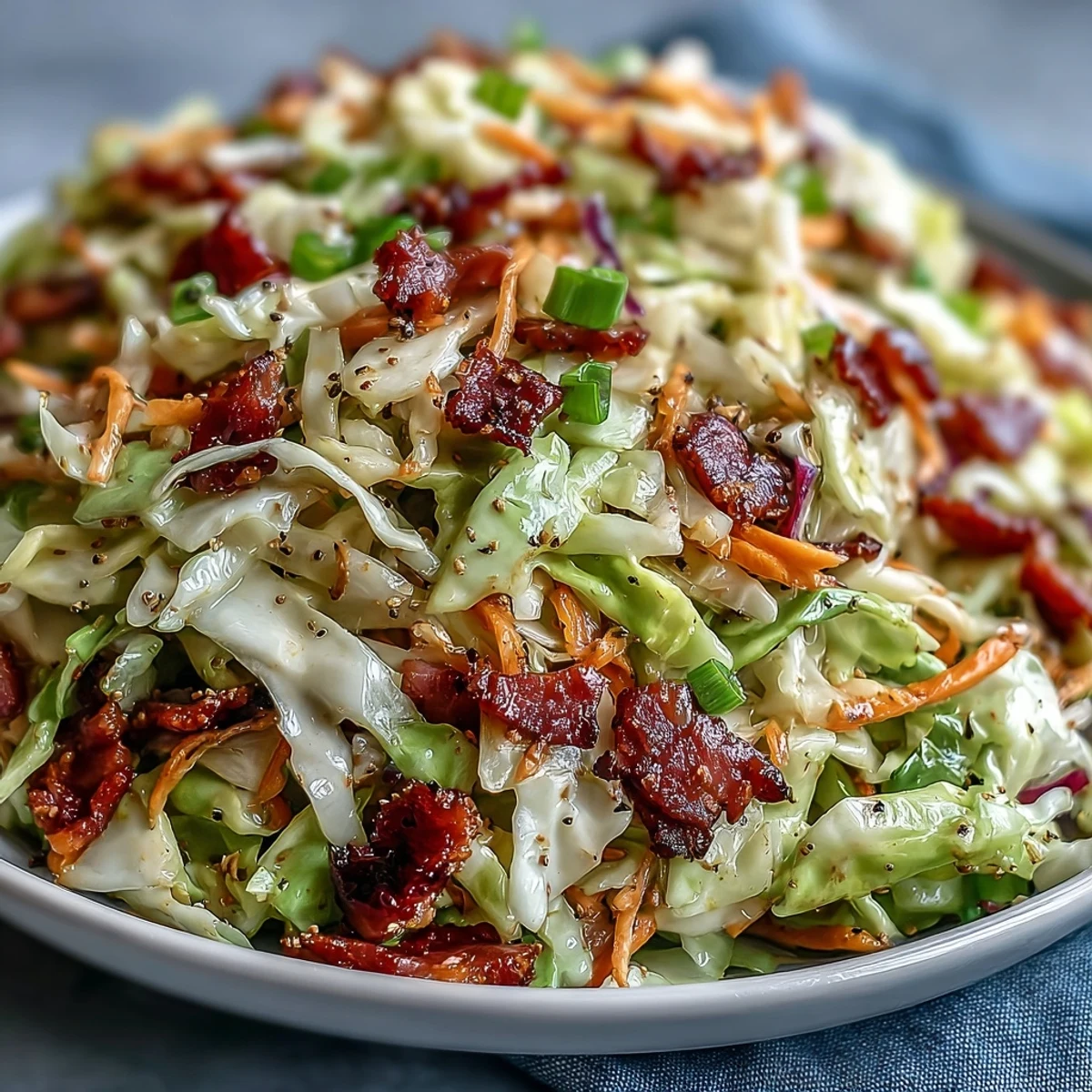 A vibrant German cabbage coleslaw featuring shredded ham, crisp carrots, and caraway seeds served alongside bratwurst on a rustic wooden table.