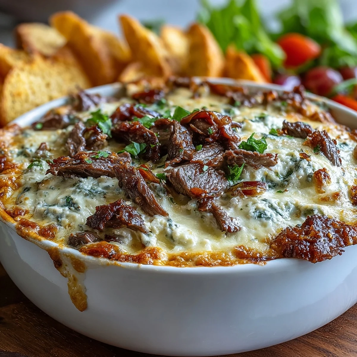 Golden, bubbly Philly Cheesesteak Dip emerges from the oven, loaded with shaved ribeye and peppers in a cast-iron dish.