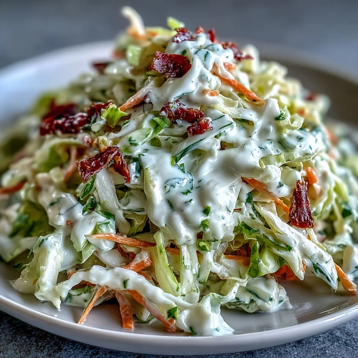 Vibrant bowl of homemade Coleslaw With Creamy Dressing, mixed with red onion and celery seed, ready to serve chilled alongside grilled meats at an outdoor picnic.