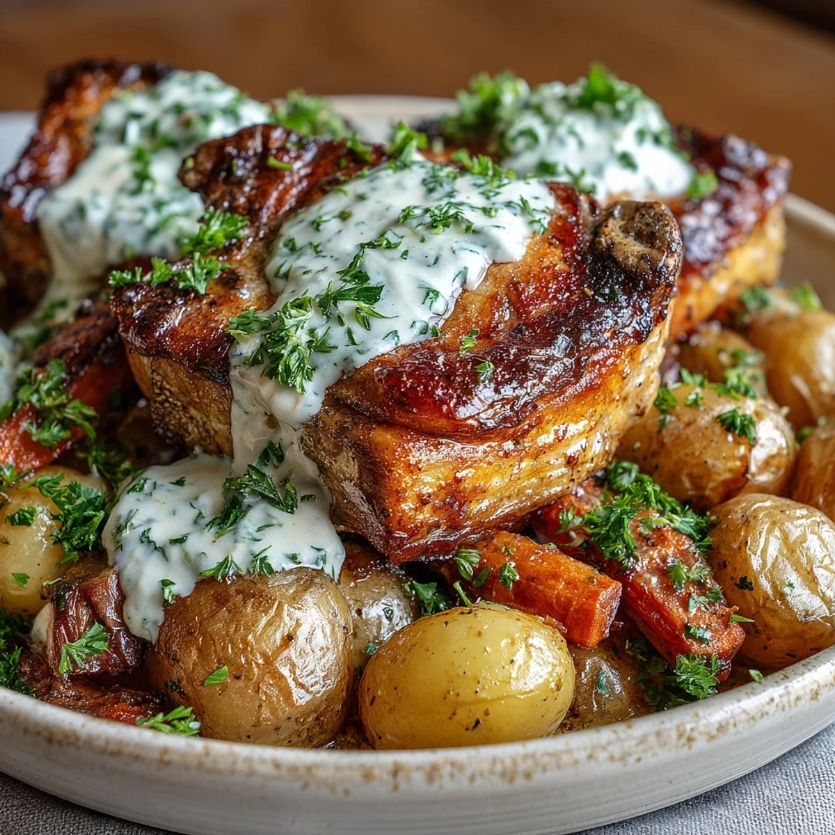 Gluten-free one-pot Crockpot Ranch Pork Chops featuring juicy pork, ranch-seasoned vegetables, and rich gravy perfect for a weeknight dinner.