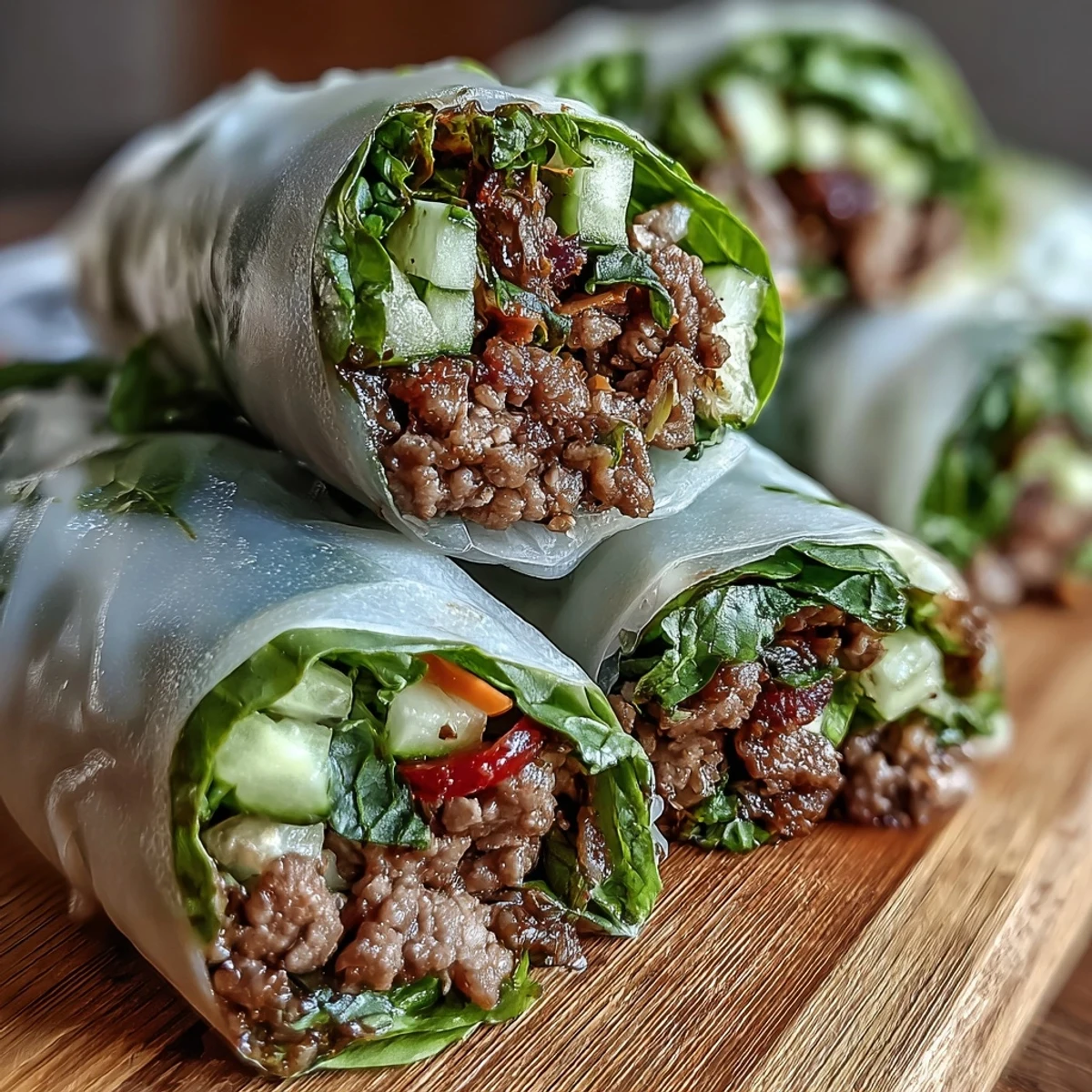 Vibrant Thai Basil Beef Rolls on a platter, featuring colorful vegetables and fresh herbs, perfect as a light appetizer or snack.