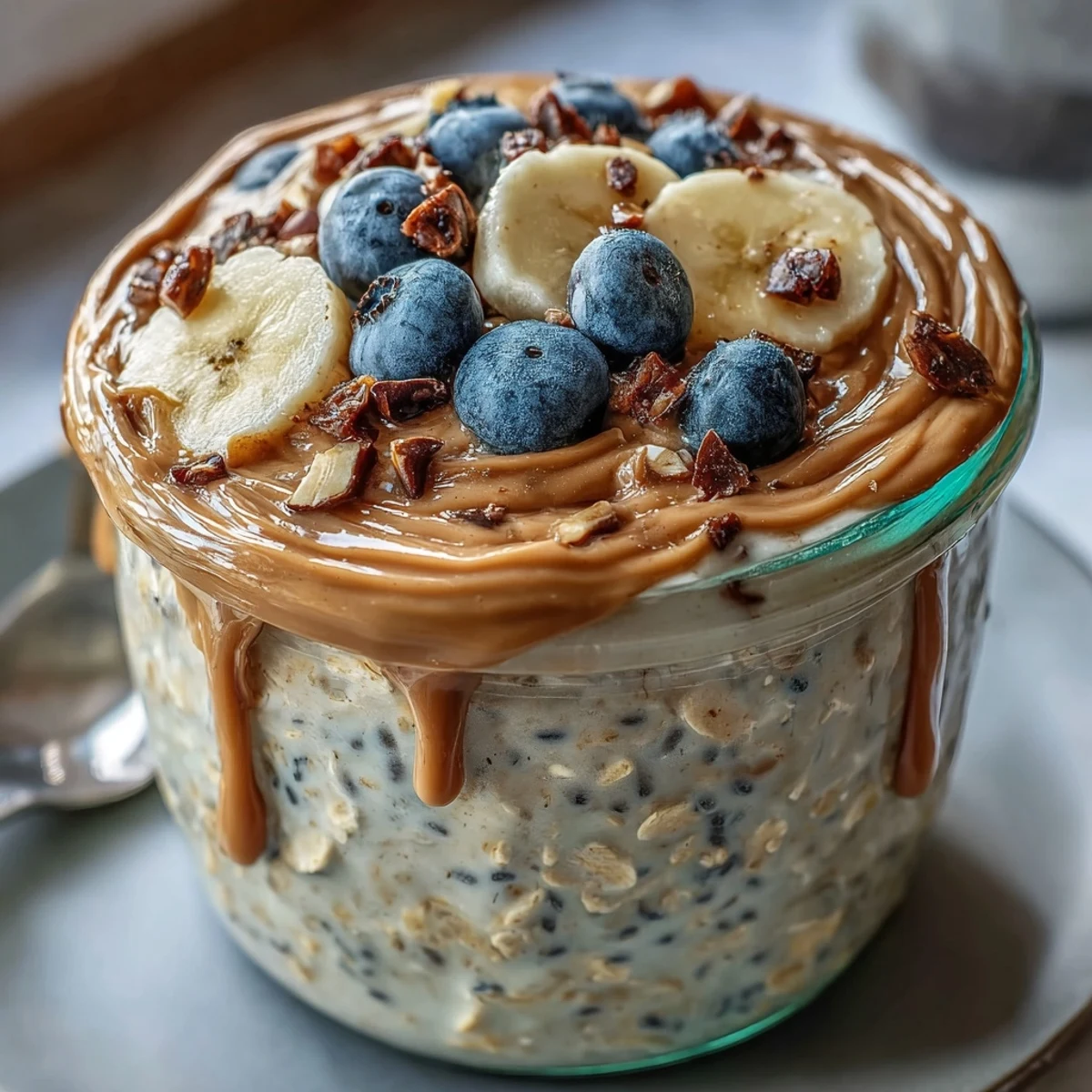 Creamy rolled oats, vanilla protein, and natural peanut butter combine for a rich, satisfying breakfast jar, topped with fresh banana slices and a drizzle of honey.  