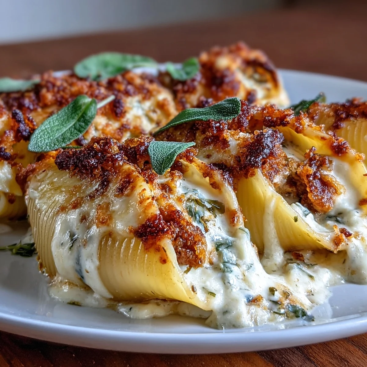 Freshly baked Pumpkin & Gouda Stuffed Shells served hot from the oven for a cozy dinner.