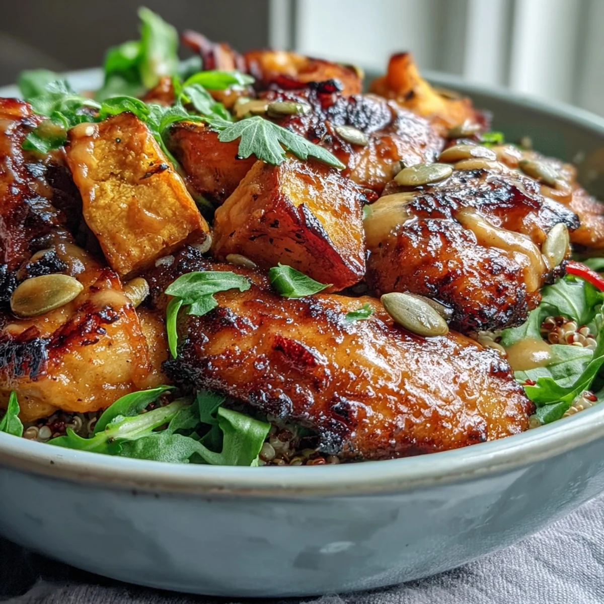 Ready to serve, this Hot Honey Chicken Bowl combines tender chicken, caramelized sweet potatoes, and crisp slaw for a delightful weeknight dinner.