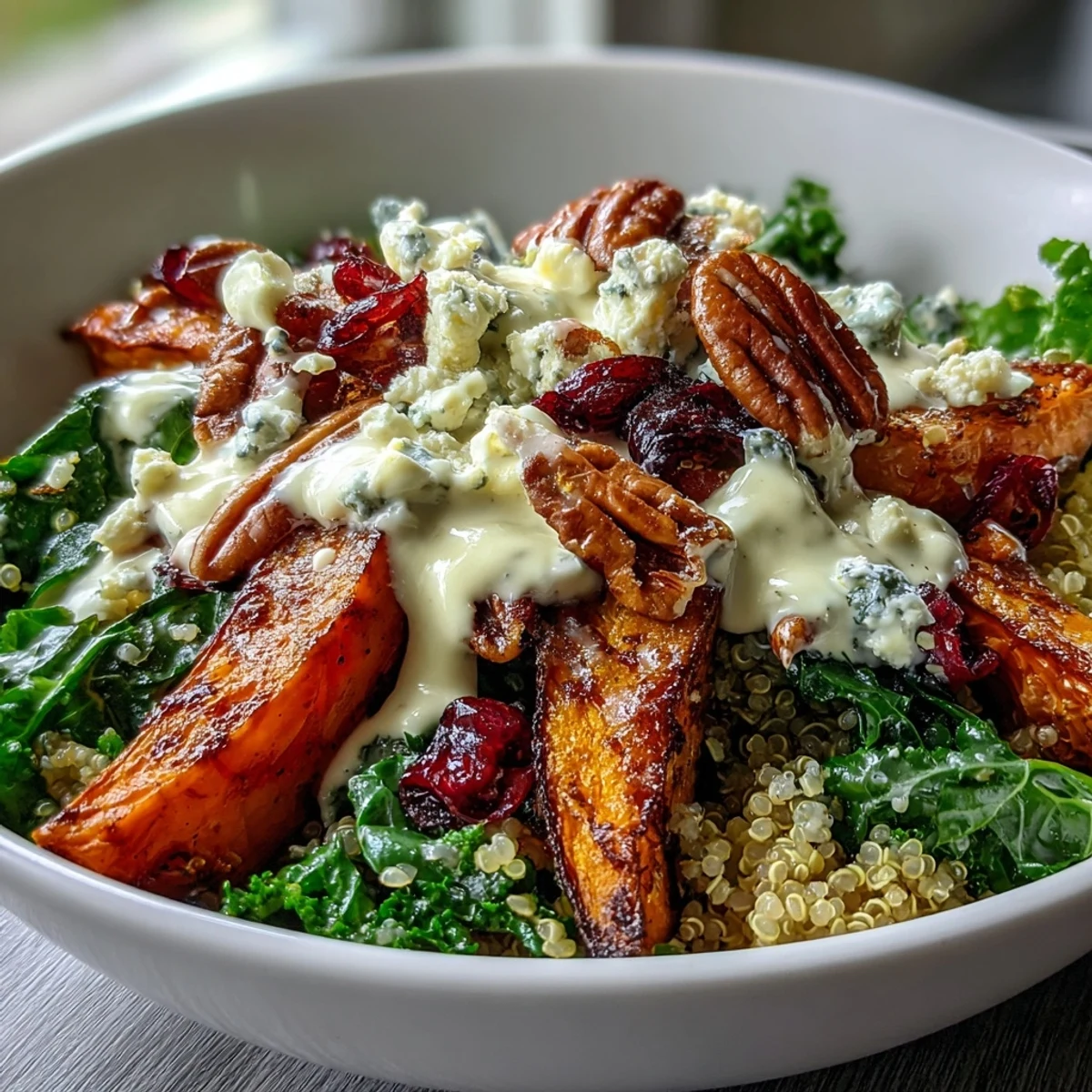 Roasted sweet potatoes and fluffy quinoa top this vibrant Harvest Kale Quinoa Bowl, finished with tangy lemon tahini dressing.