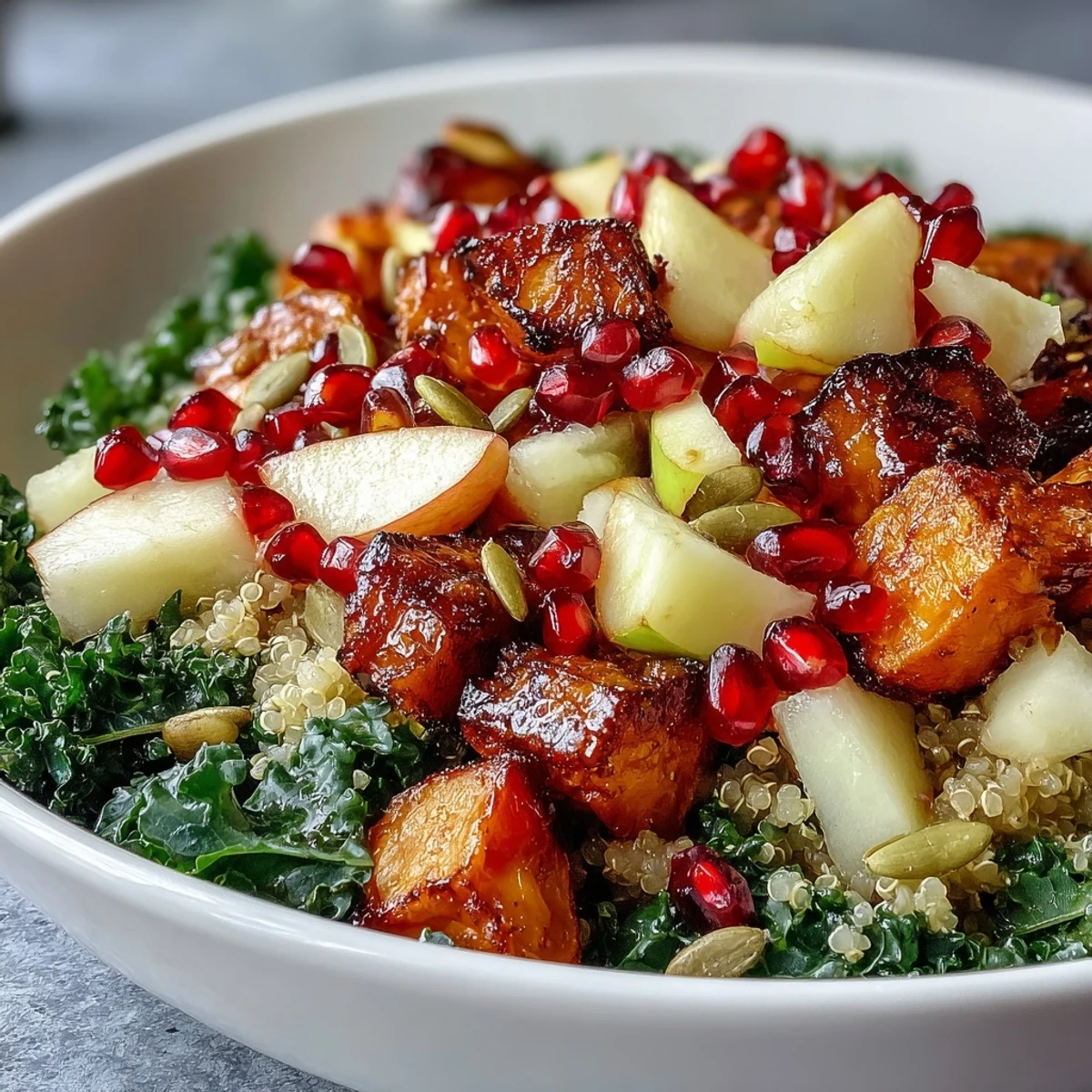 Diced apple and juicy pomegranate add crisp, sweet bursts to this fresh Kale Harvest Grain Bowl recipe.