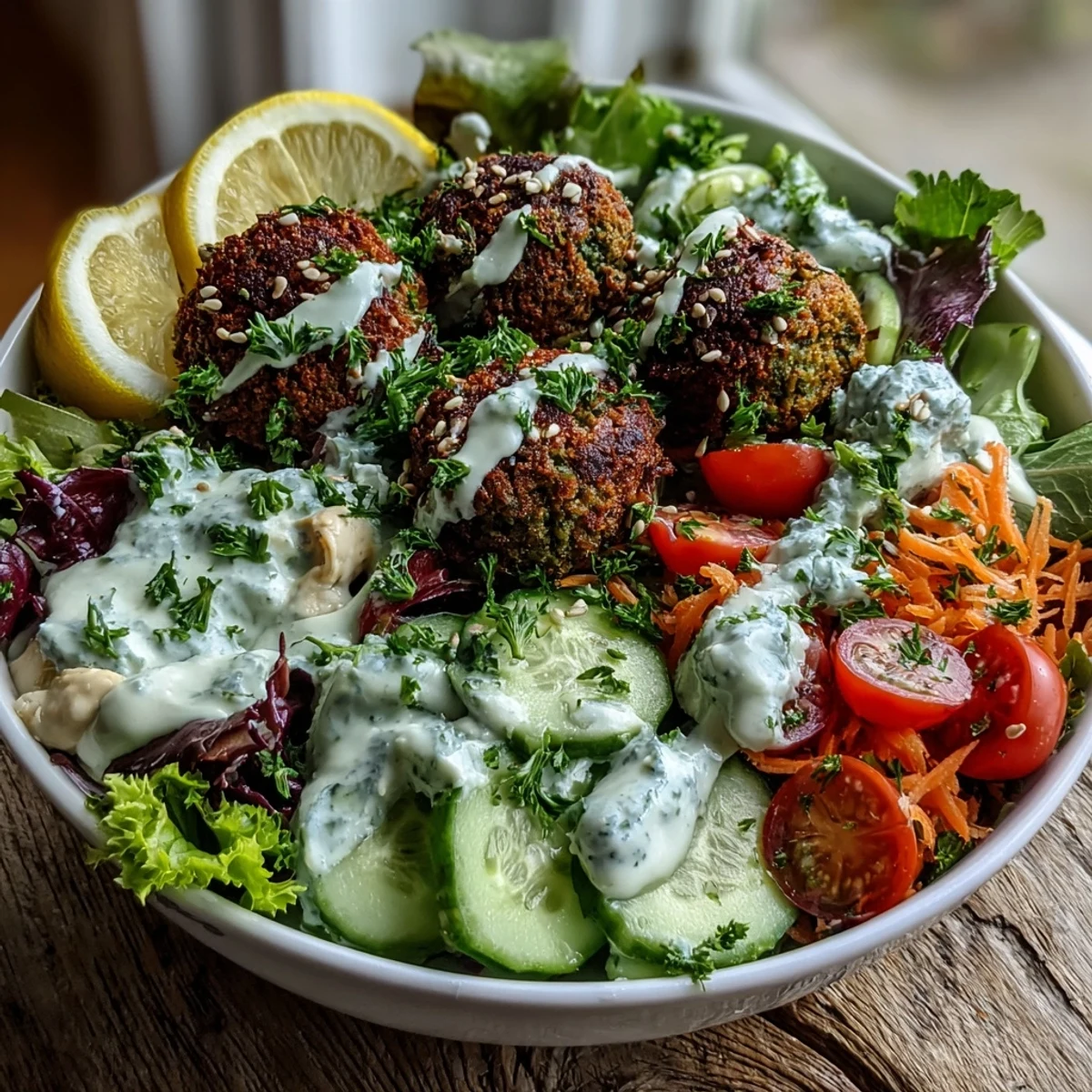 Crispy falafel balls rest on creamy hummus and tangy tzatziki, topped with fresh greens and a drizzle of tahini sauce.