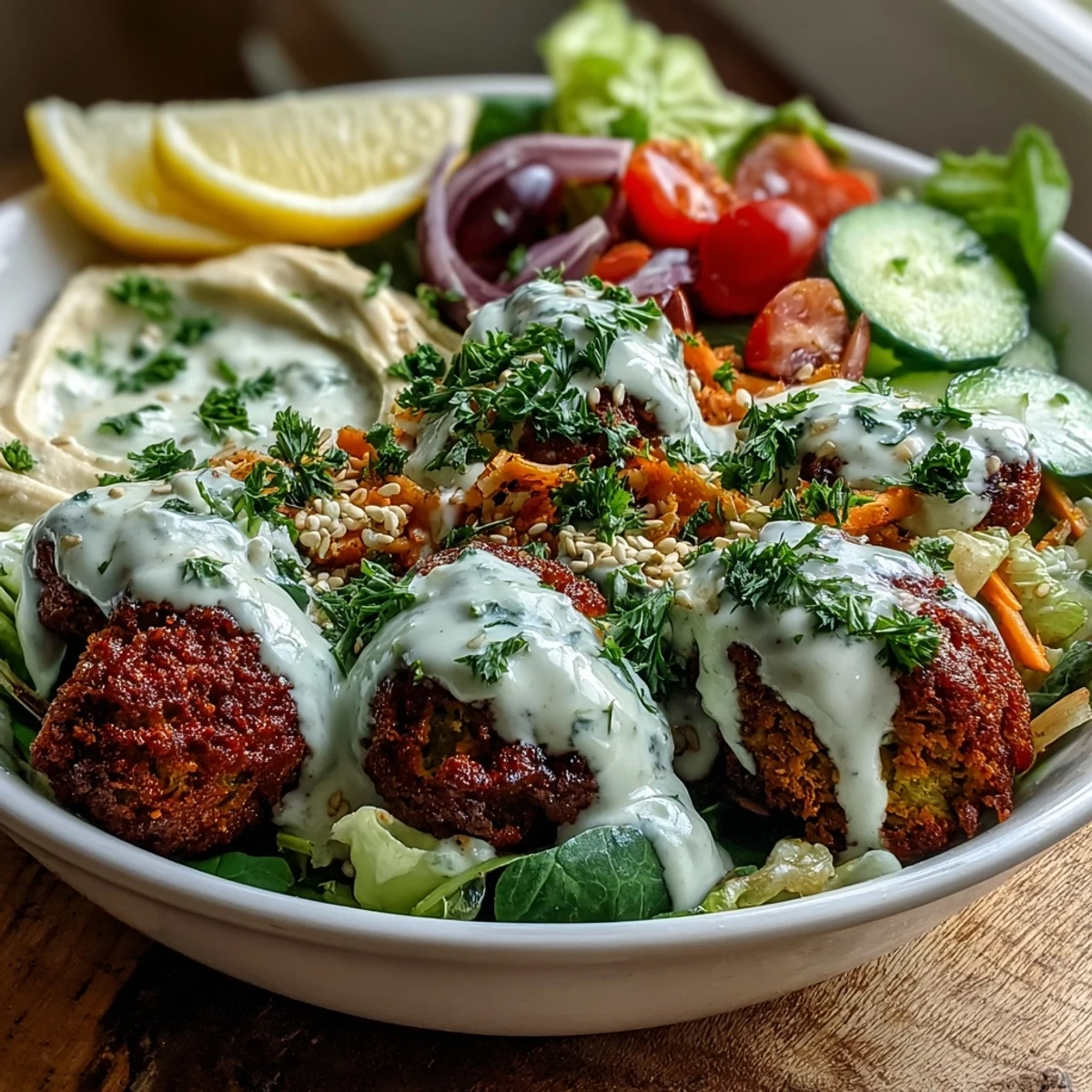 Bright Mediterranean falafel bowl with cherry tomatoes, cucumber, and parsley, garnished with sesame seeds and a fresh lemon wedge.