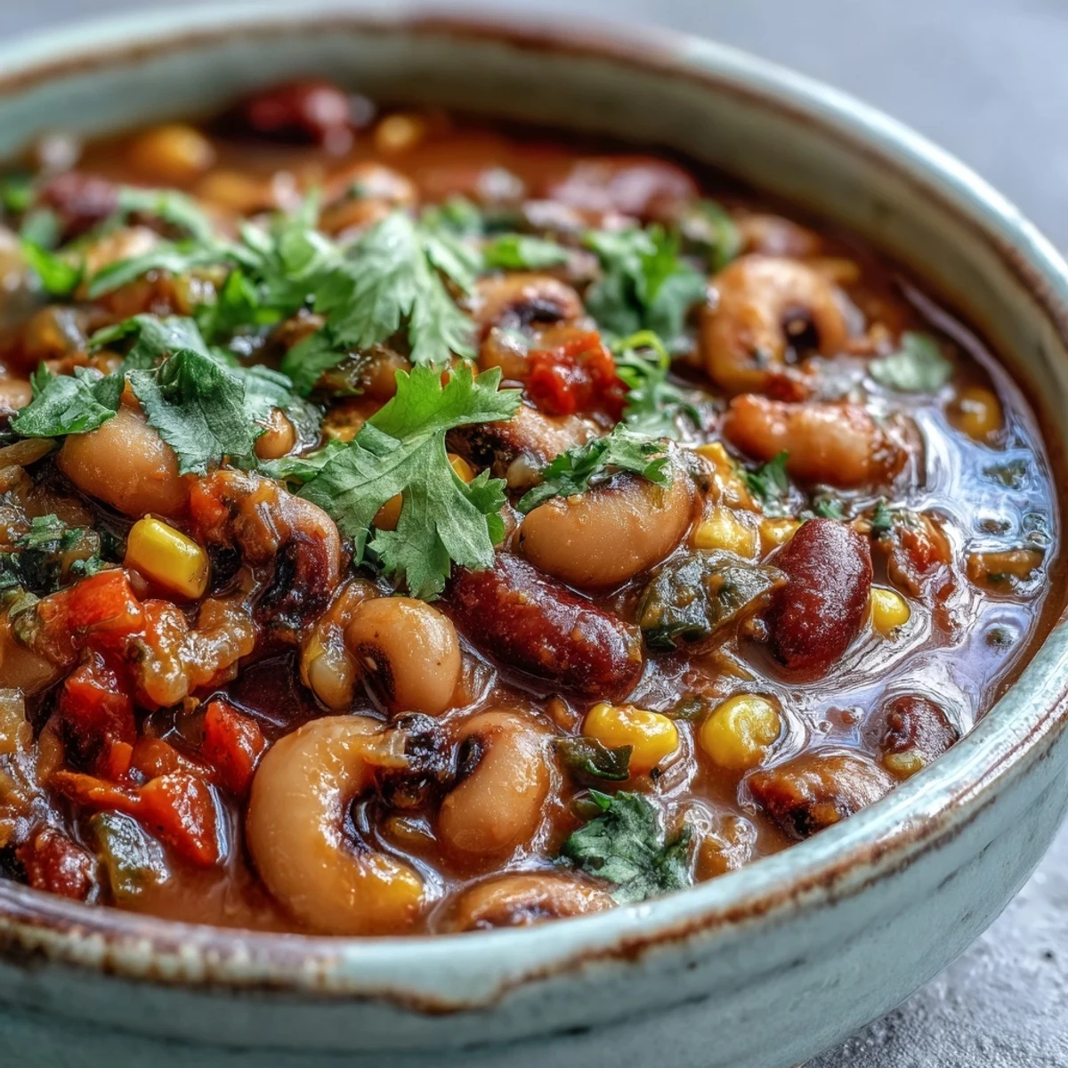 Close-up of Black-Eyed Pea Chili in a rustic bowl, showing off the thick texture, carrots, celery, and steam rising from the surface.