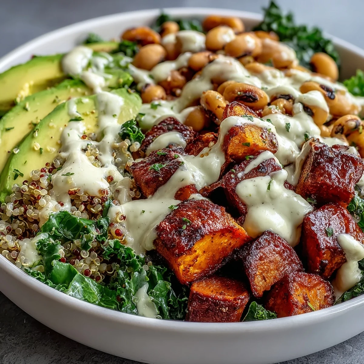 Colorful quinoa and black-eyed pea Buddha Bowl topped with sliced avocado and a drizzle of white tahini dressing, served for a healthy plant-based lunch.