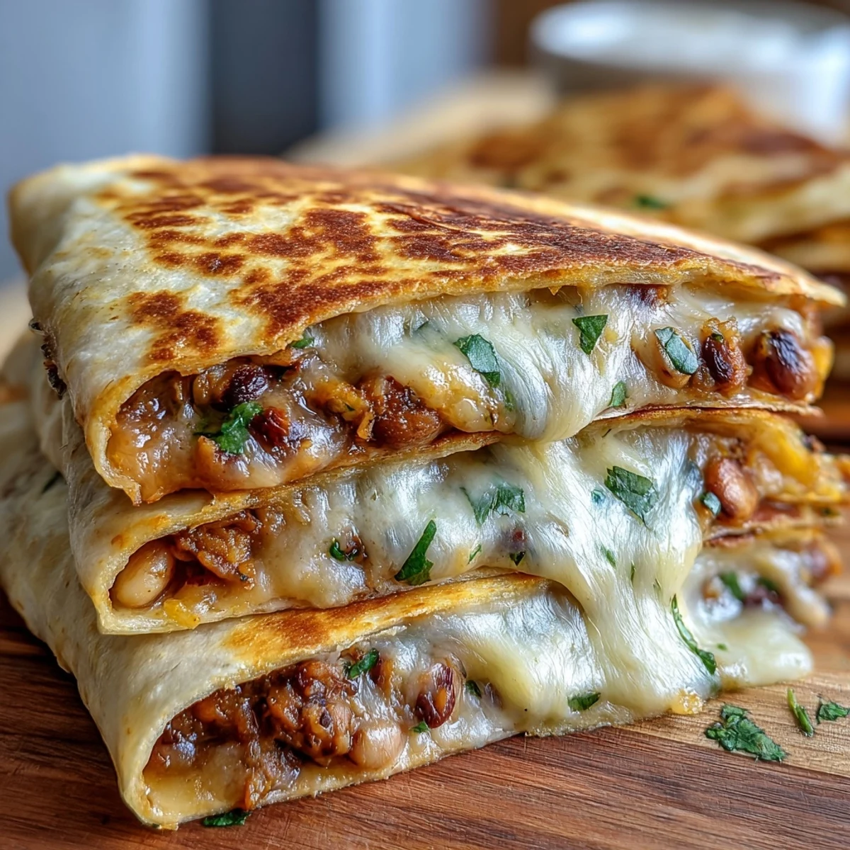 Freshly made Black-Eyed Pea Quesadilla wedges served with salsa and sour cream on a rustic wooden table.