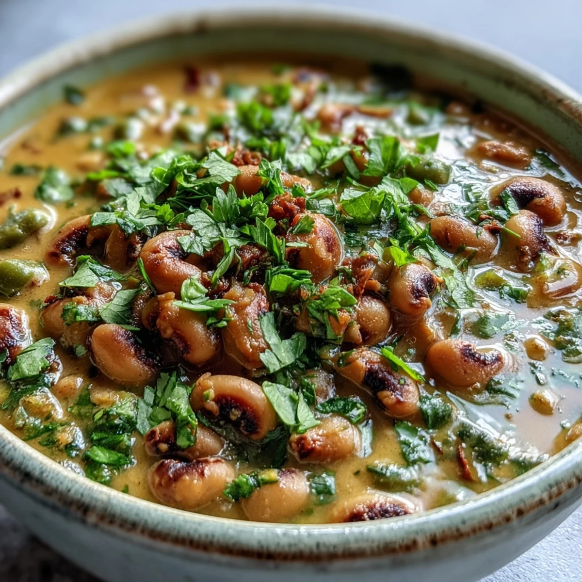 Fragrant Indian-inspired Black-Eyed Pea Curry featuring tender peas in a rich, golden coconut milk sauce with a lime wedge nearby.
