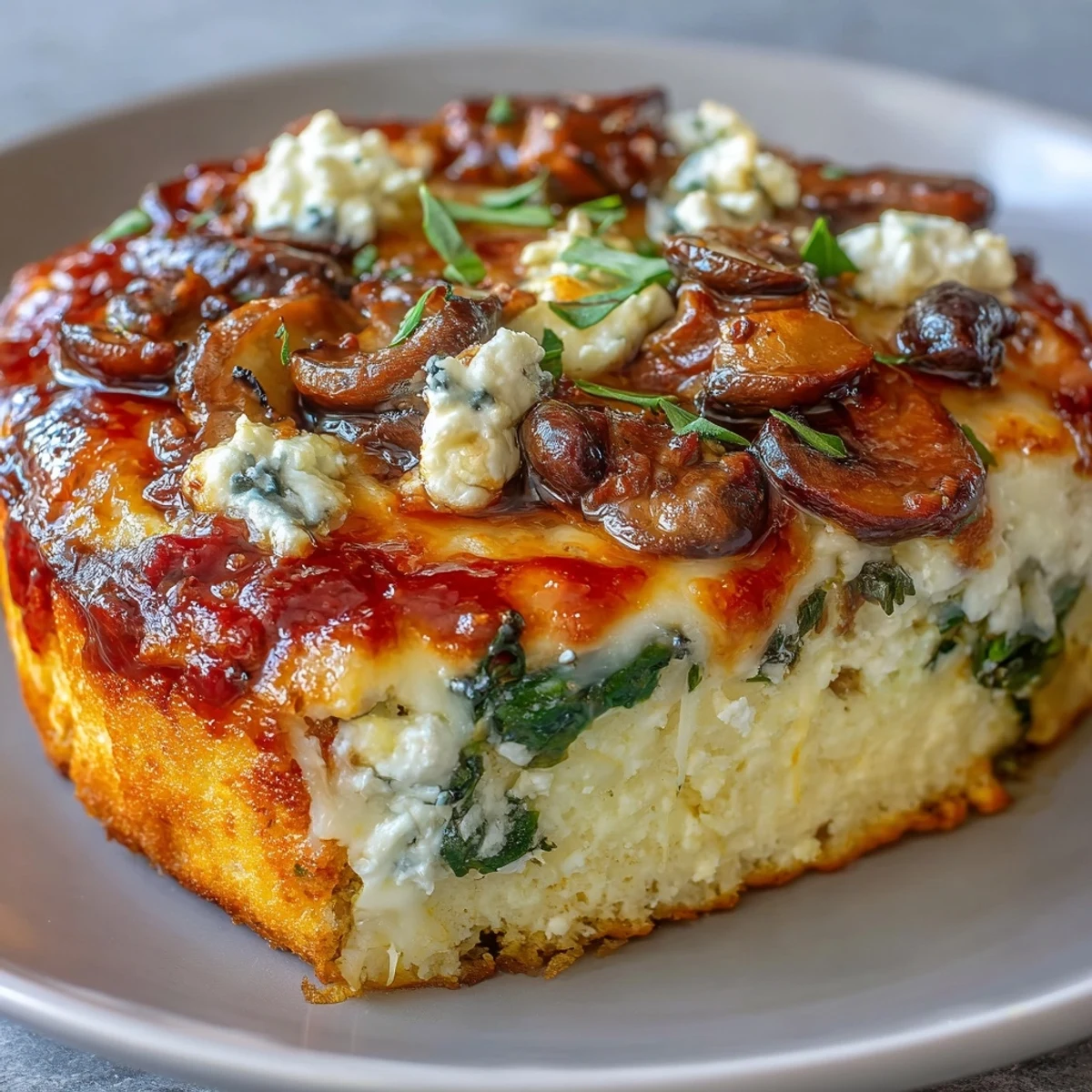 Freshly baked Cottage Cheese Pizza Bowl with melted mozzarella, colorful bell peppers, and mushrooms served warm in a baking dish.