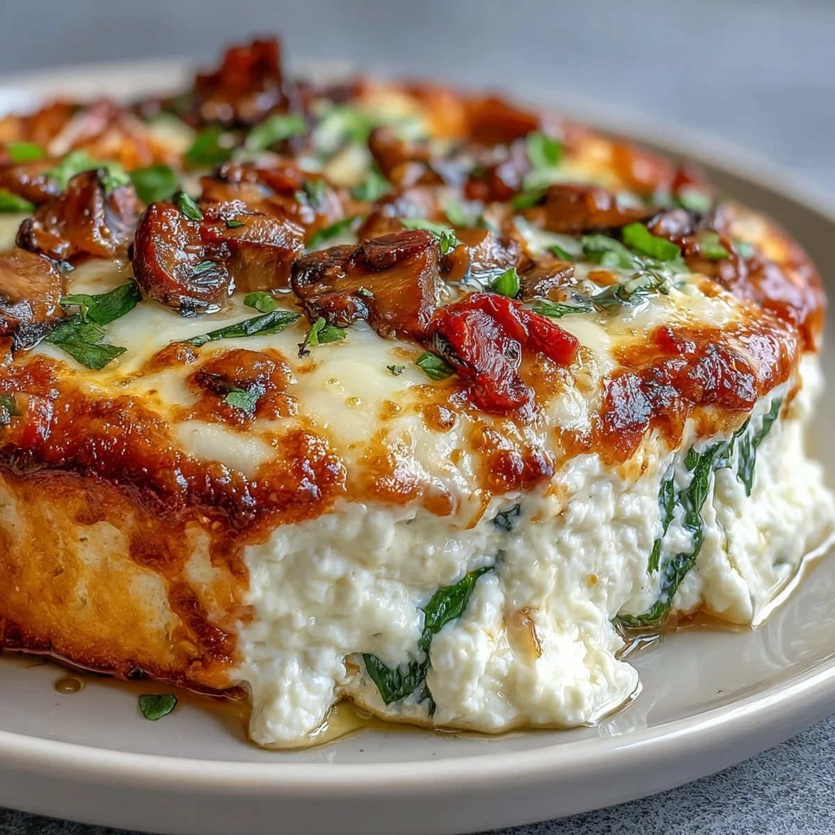 Low-carb Cottage Cheese Pizza Bowl layered with creamy cottage cheese, sautéed veggies, and bubbly mozzarella, perfect for a vegetarian dinner.