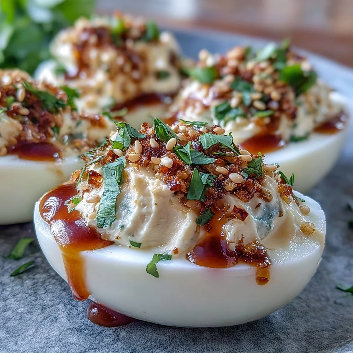 Spicy Chili Garlic Deviled Eggs topped with chili crisp, sesame seeds, and fresh cilantro on a white plate.