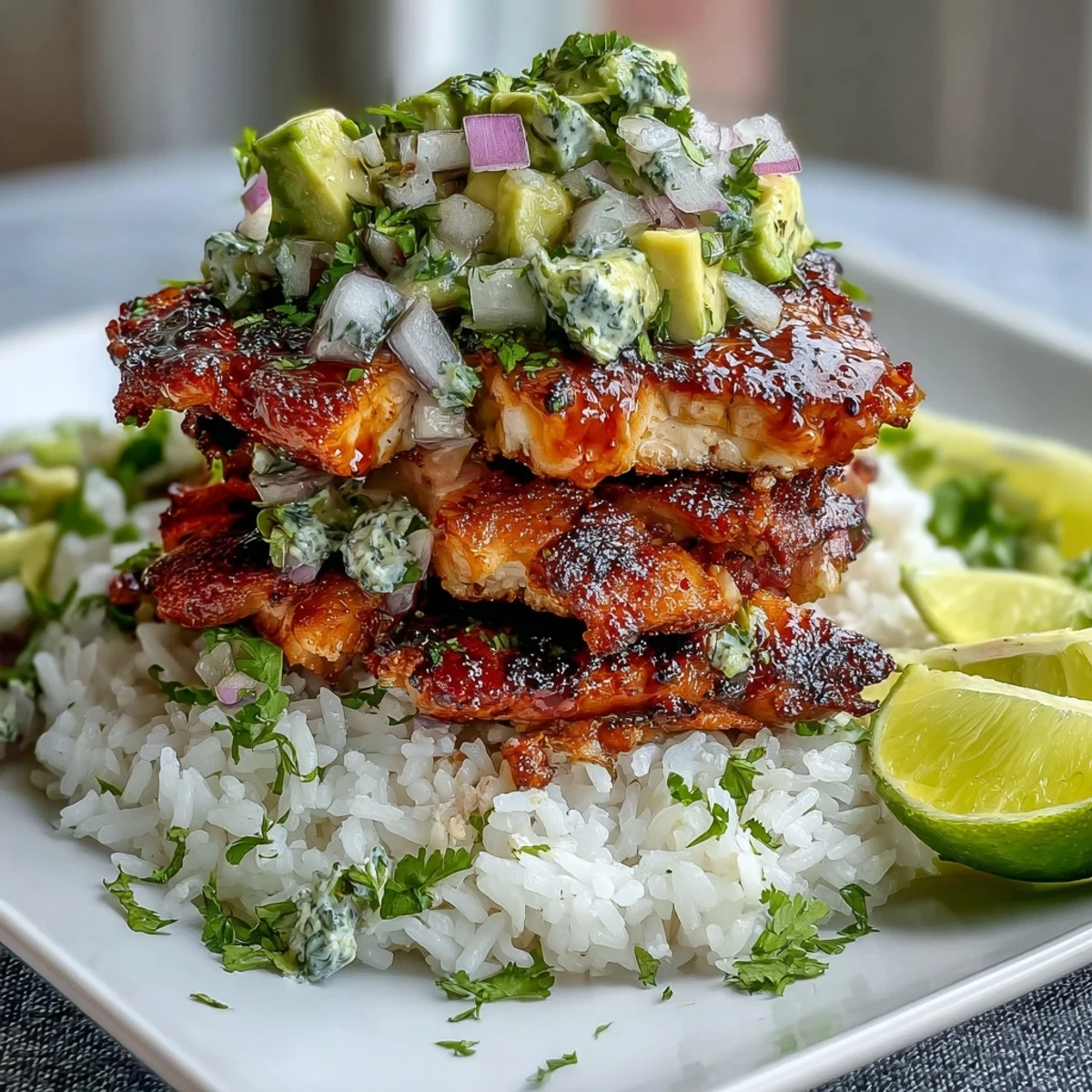 Grilled chicken layered over fluffy jasmine rice and topped with a creamy avocado-cilantro salsa.