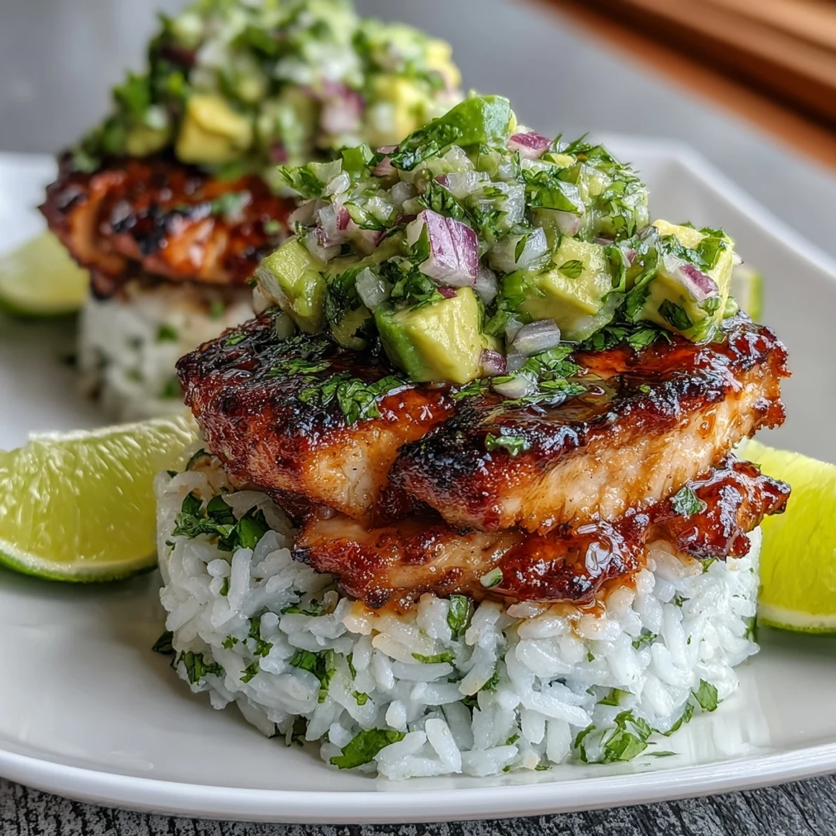Juicy chicken, glazed with honey and lime, stacked high with fresh avocado mix and jasmine rice.
