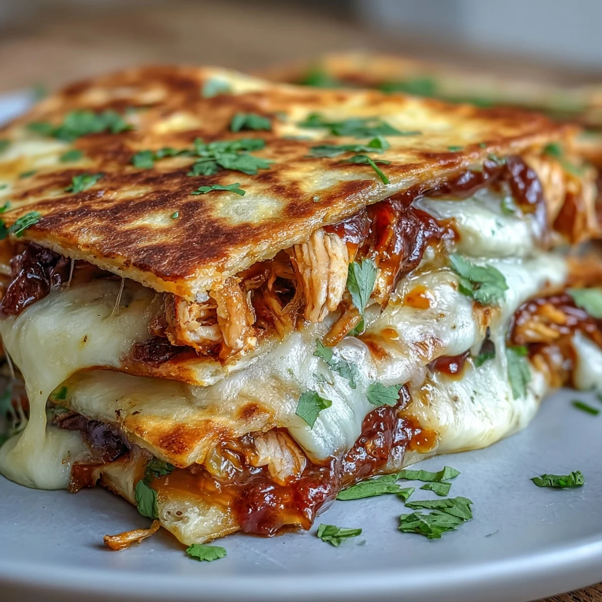 Crispy golden Hot Honey BBQ Chicken Quesadillas with melted cheddar and mozzarella, served with guacamole.