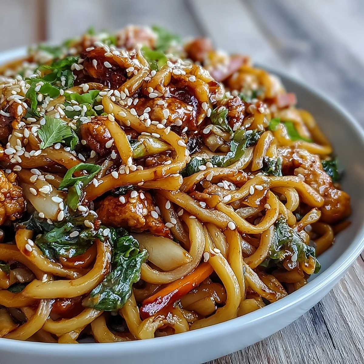 Close-up of Korean Turkey Fried Noodles tossed with colorful bell peppers, shiitake mushrooms, and spring onions in a sweet-spicy sauce.
