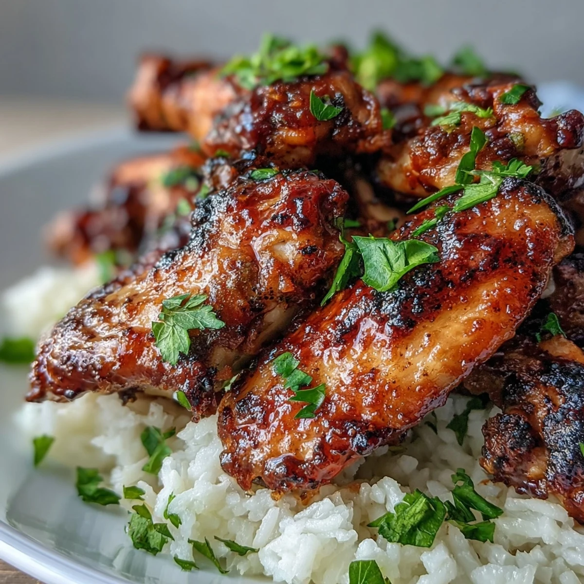 Juicy Oven-Baked Honey Garlic Chicken Wings & Rice with sticky glazed wings, green onions, and sesame seeds on a platter.