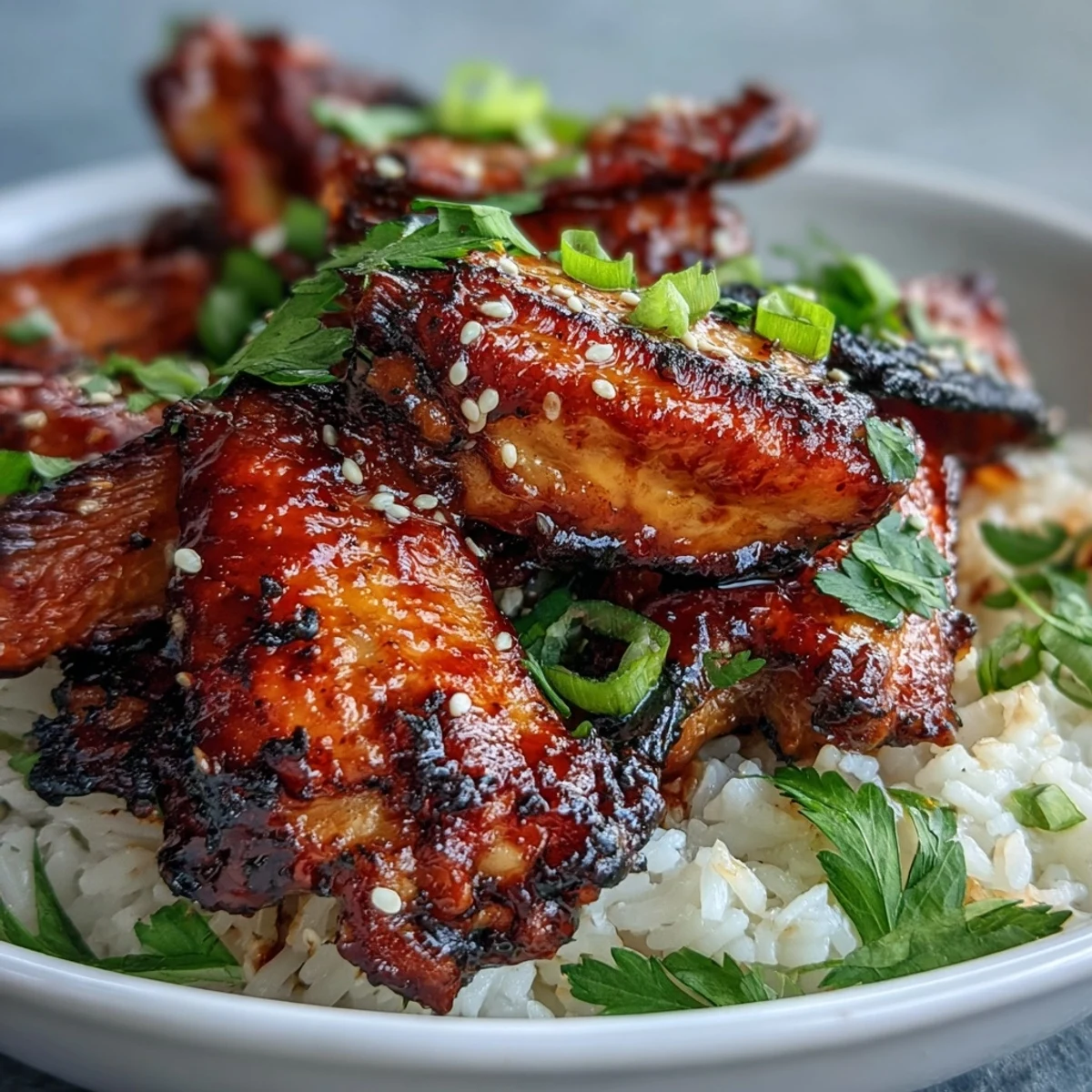 Oven-Baked Honey Garlic Chicken Wings & Rice served on fluffy, buttery rice, garnished with fresh parsley for a hearty meal.
