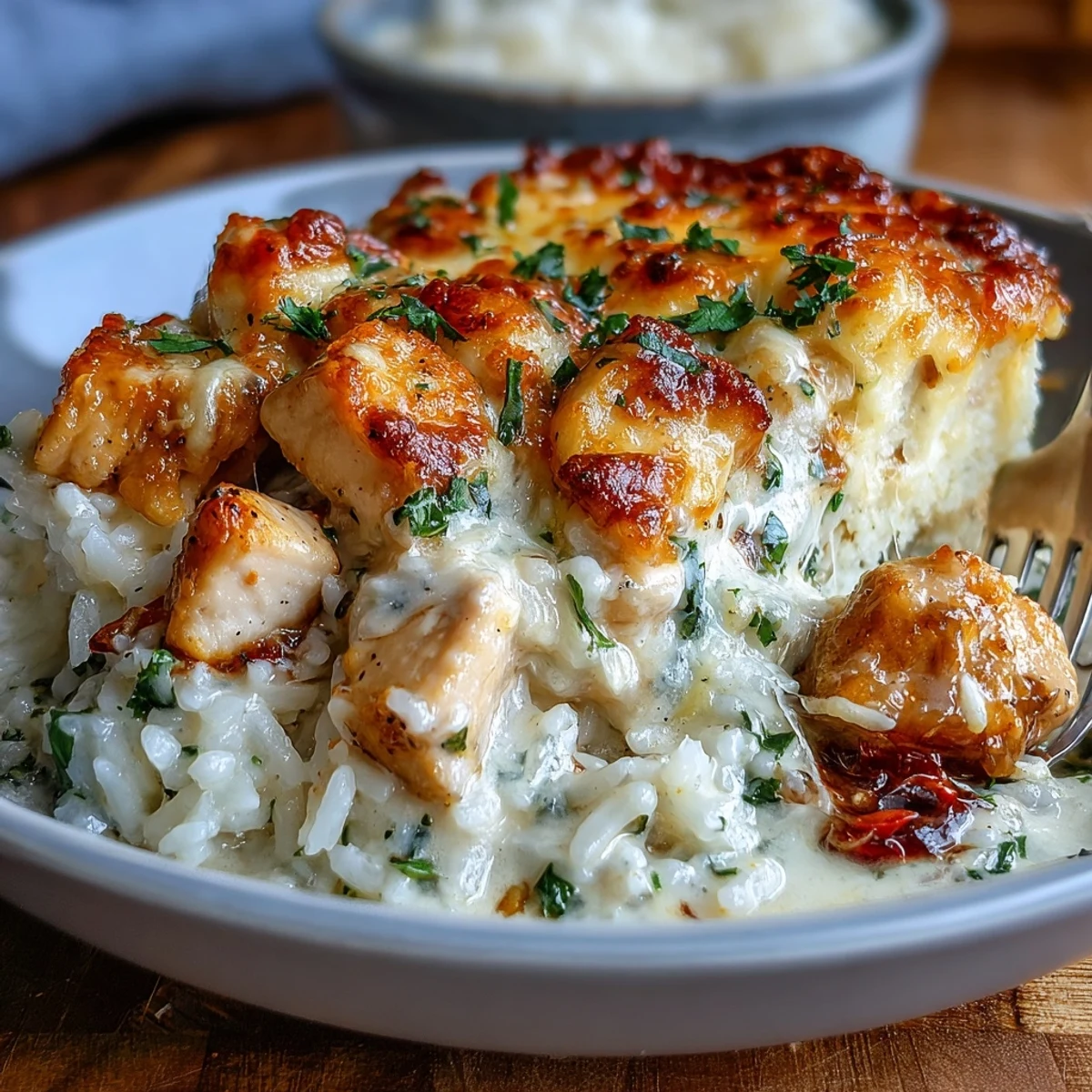 Golden bubbling Creamy Garlic Chicken & Rice Casserole just pulled from the oven.