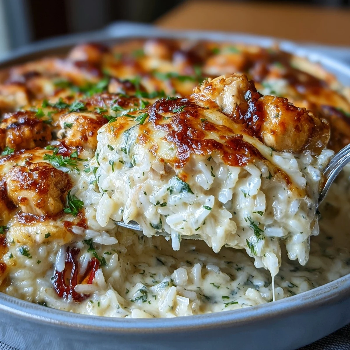 Cheesy, garlicky rice and tender chicken make a comforting family meal.