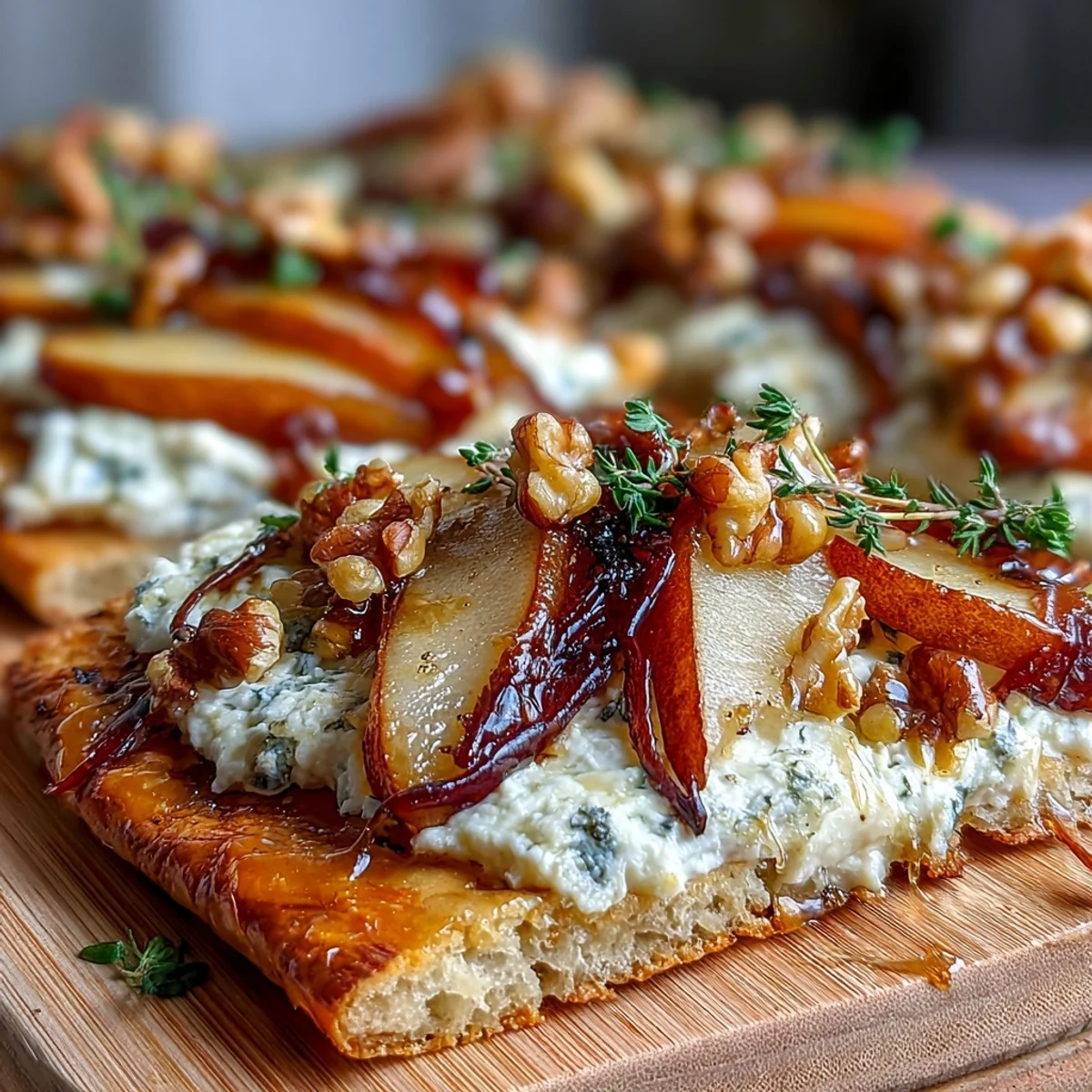 A close-up of Goat Cheese & Pear Flatbread with Hot Honey, golden crust, creamy cheese, caramelized onions, and fresh thyme, served warm on a cutting board.