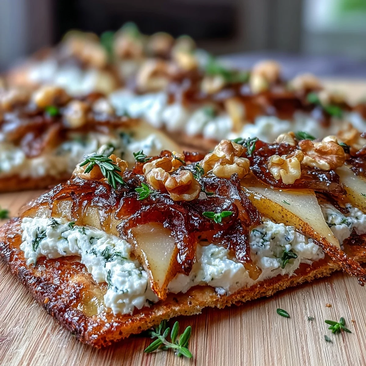 Overhead view of a sliced Goat Cheese & Pear Flatbread with Hot Honey, drizzled with spicy honey, topped with pears and onions, ready to serve at a dinner party.