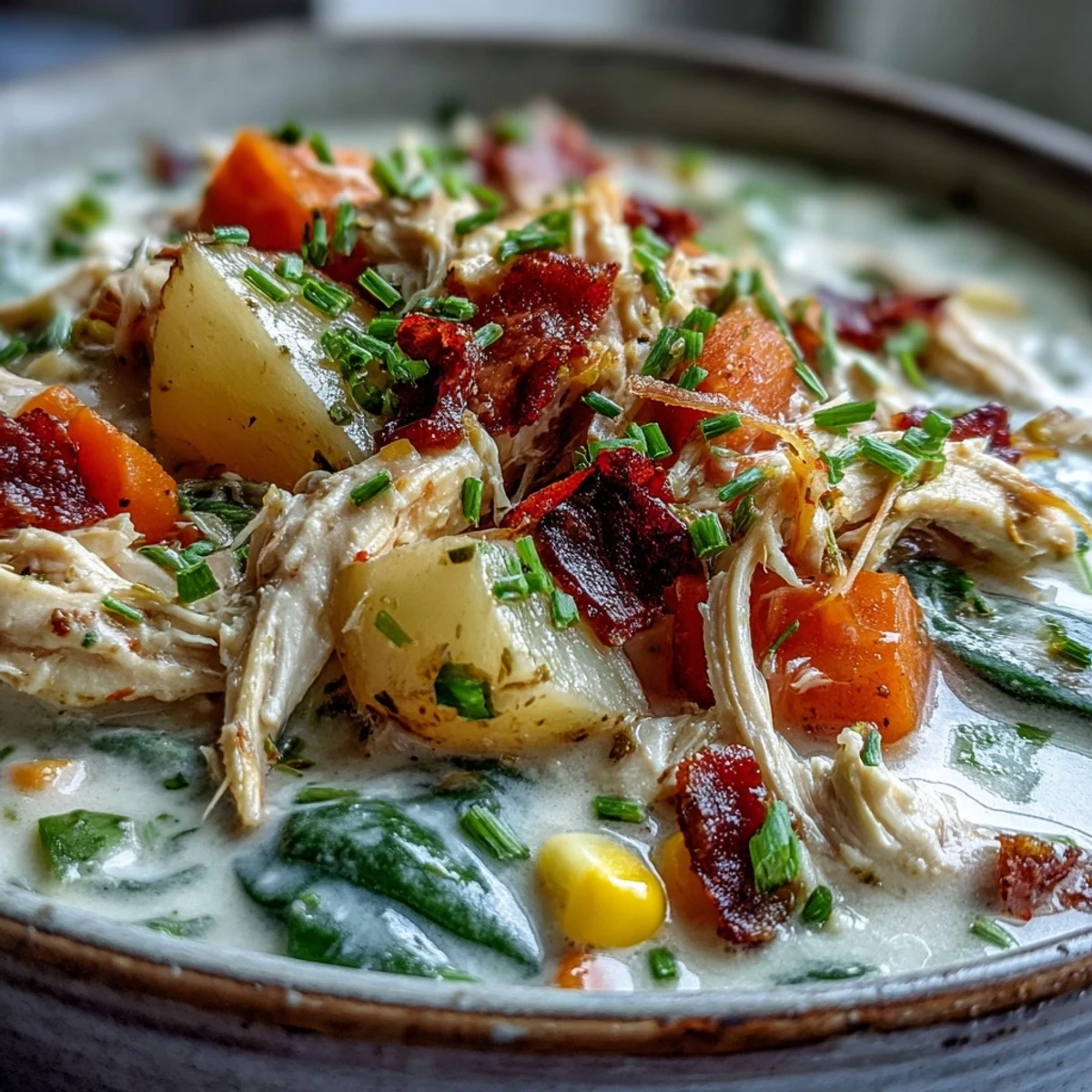 A ladle pours creamy Ranch Chicken Veggie Soup into a bread bowl, served beside fresh parsley garnish.