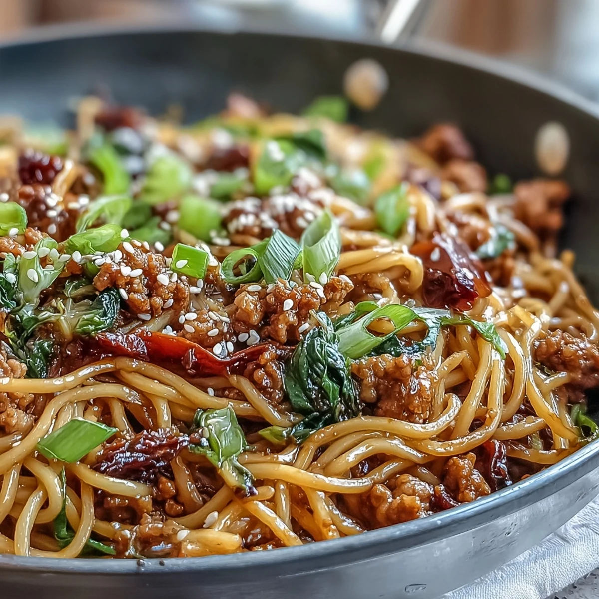 Steaming Korean Turkey Fried Noodles loaded with ground turkey, crisp bell peppers, and fresh green onions, tossed in a spicy gochujang sauce.