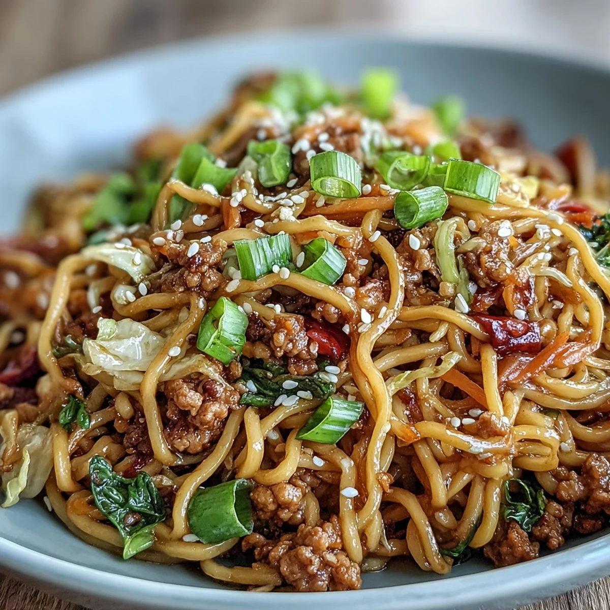 Close-up of a plated serving of Korean Turkey Fried Noodles, garnished with sesame seeds and extra green onions, alongside a cold lager.