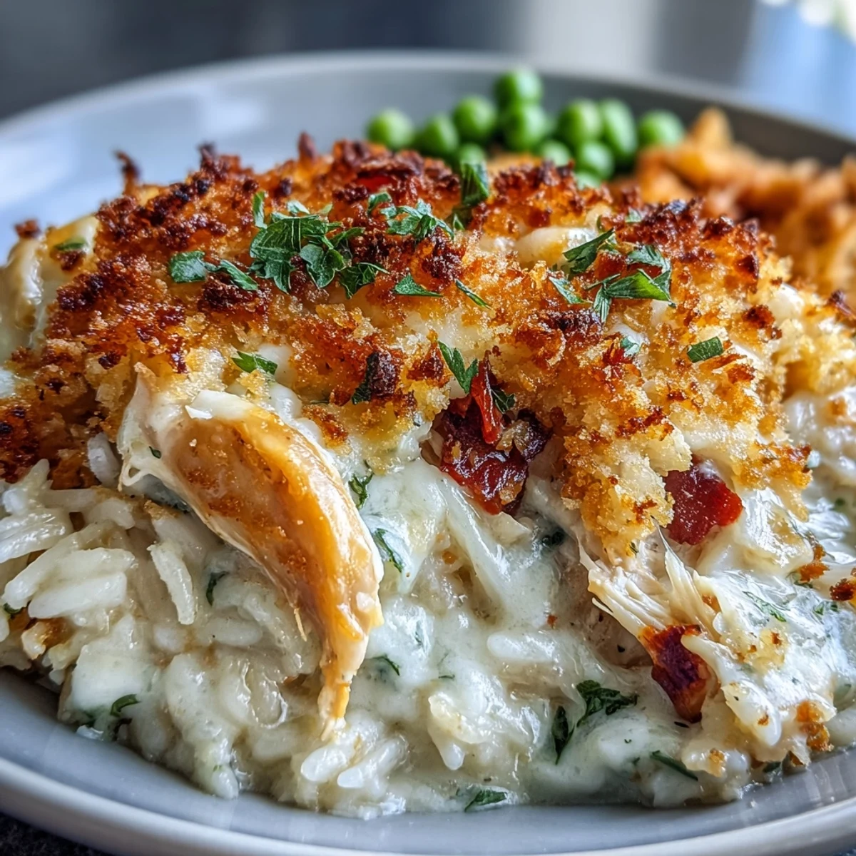Golden-brown Creamy Garlic Chicken & Rice Casserole emerges from the oven with melted Parmesan and mozzarella bubbling over the edges.