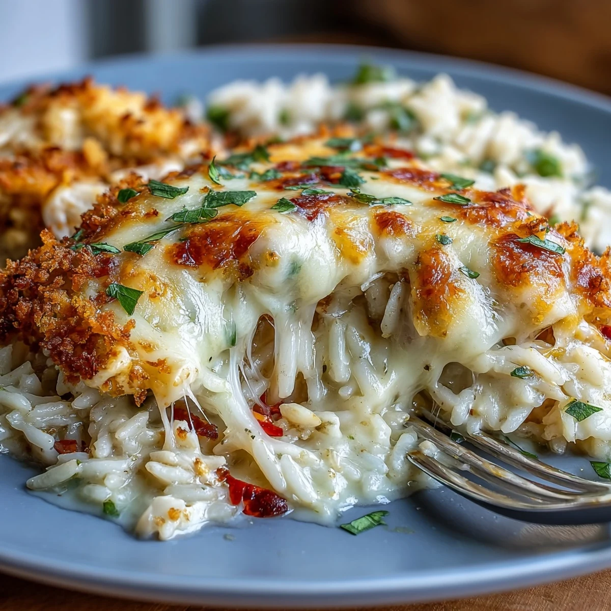 A fork lifts a cheesy scoop of Creamy Garlic Chicken & Rice Casserole next to a simple green side salad.