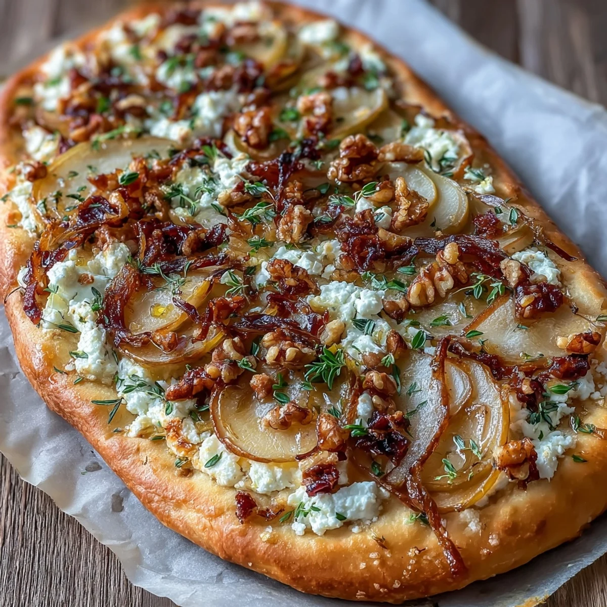 Golden-baked Goat Cheese & Pear Flatbread with Hot Honey features caramelized onions, crunchy walnuts, and a spicy honey drizzle on a crisp crust.