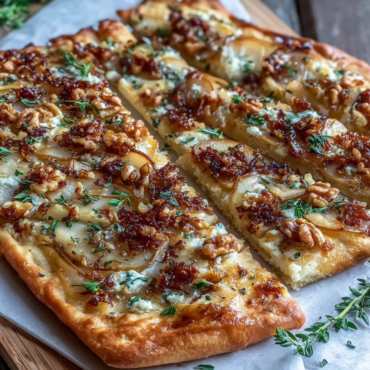 Warm Goat Cheese & Pear Flatbread with Hot Honey is garnished with fresh thyme and served on a wooden board, perfect for sharing.
