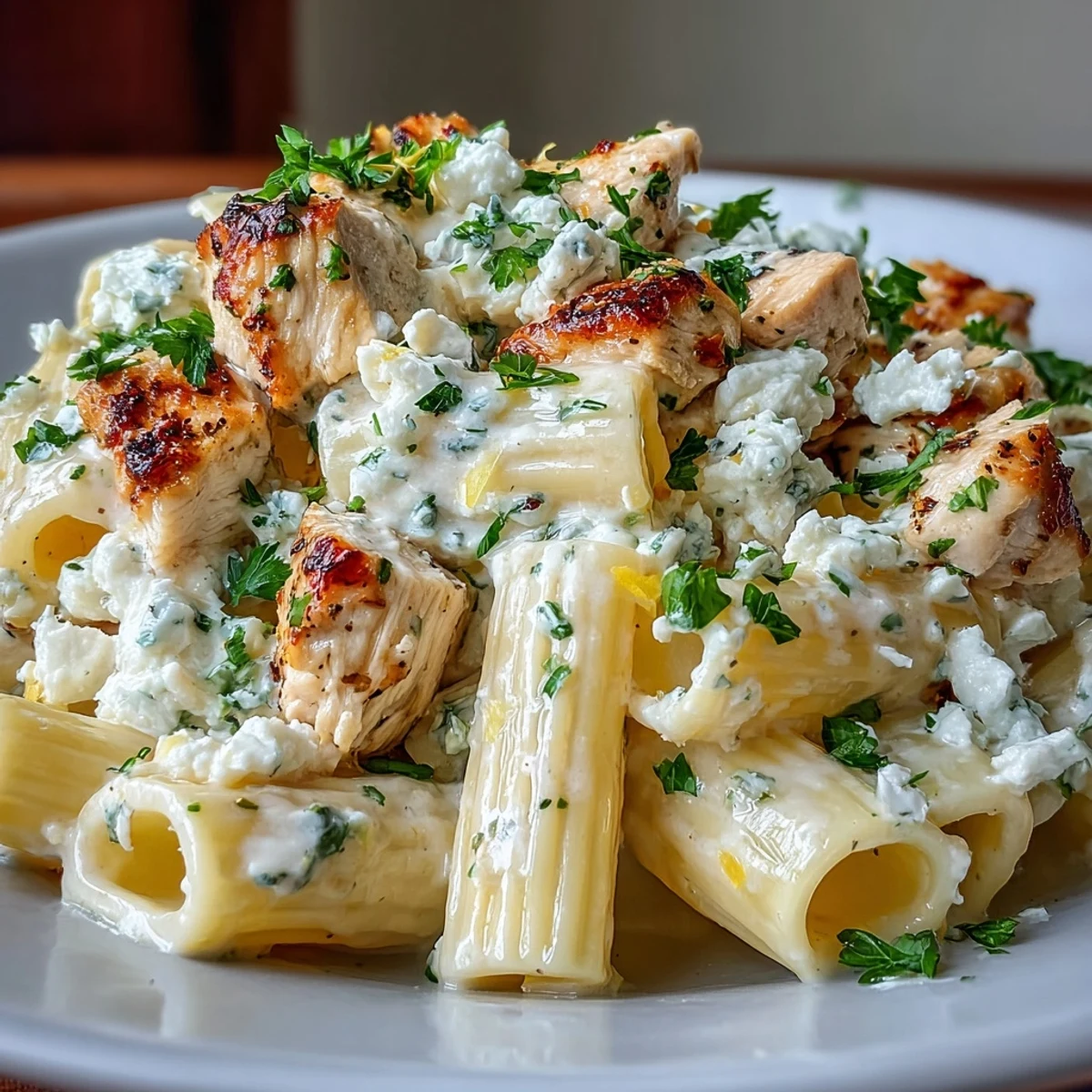 Steaming bowl of Creamy Lemon Feta Chicken Pasta with golden chicken and melted feta on a rustic table.