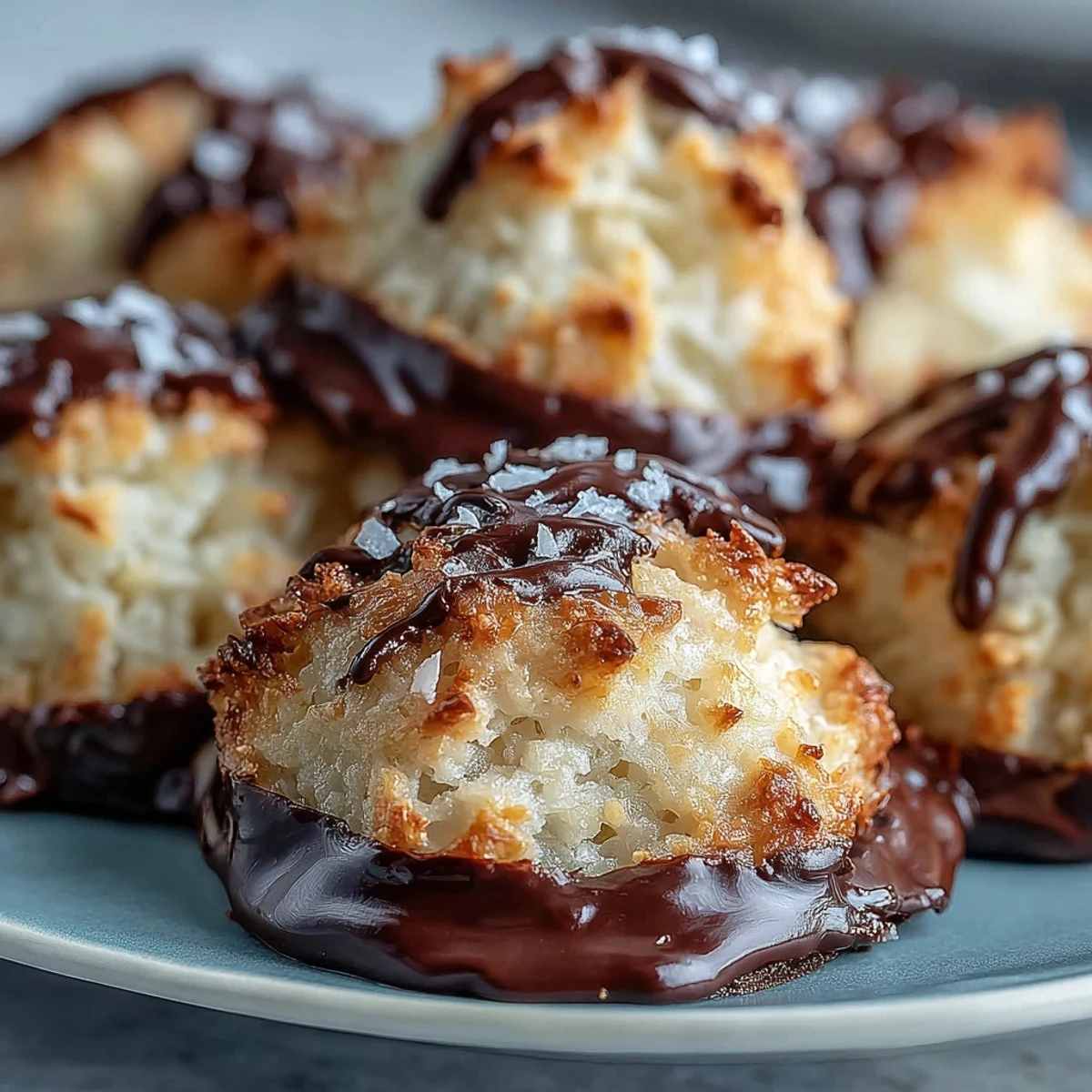 Freshly baked Vegan Coconut Macaroons with Dark Chocolate Drizzle on parchment paper, drizzled chocolate still glossy and set, perfect for a gluten-free dessert plate.
