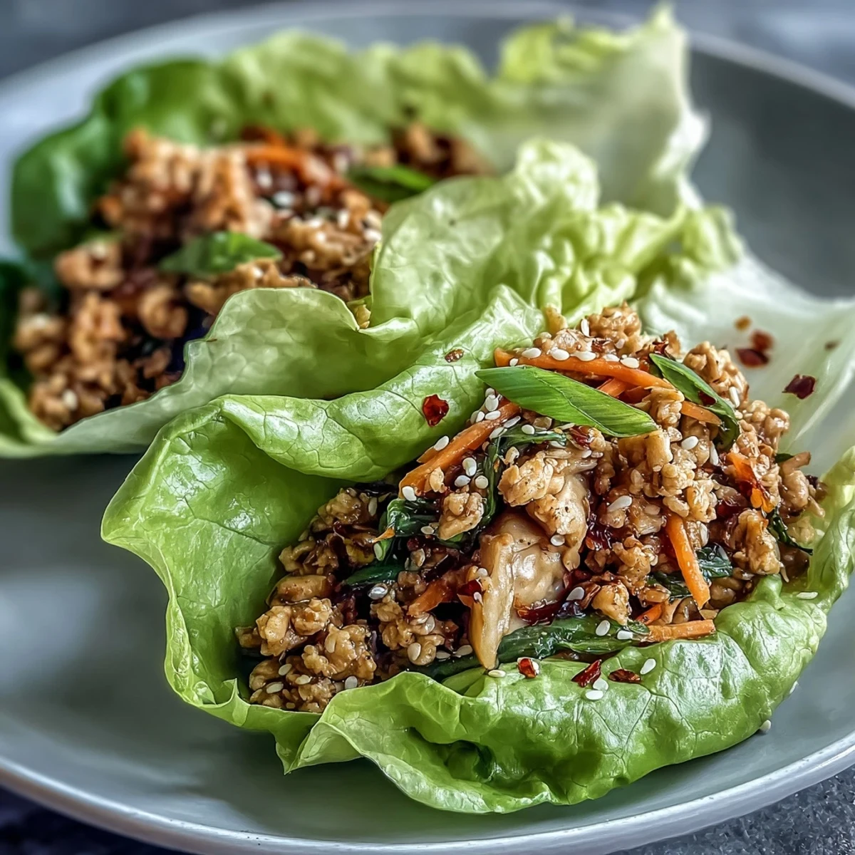 Vibrant turkey potsticker lettuce wraps bursting with ginger-garlic flavor, served with crunchy Napa cabbage and carrots.  
