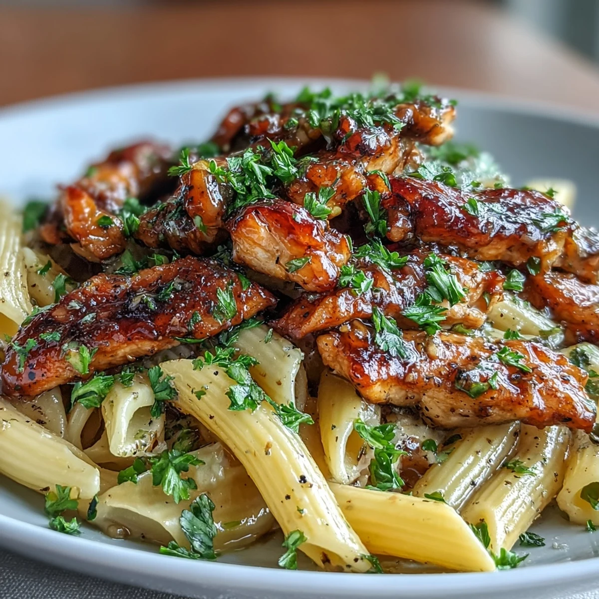 Family dinner plate of honey pepper chicken pasta topped with fresh parsley and Parmesan, served with a side salad.  