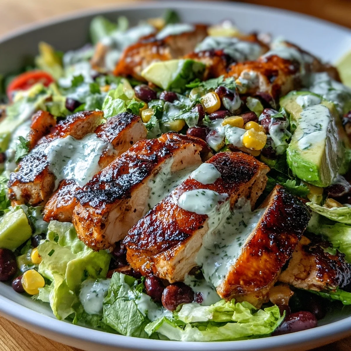 High Protein Southwest Chicken Salad with grilled chicken, black beans, and zesty lime-cilantro dressing in a colorful bowl.  