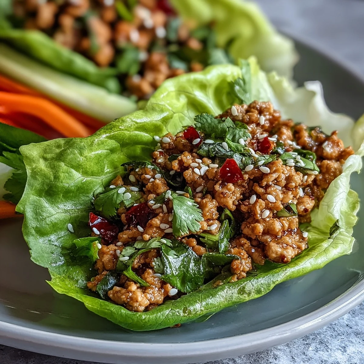 Fresh Summer Body Turkey Lettuce Wraps with Crunchy Veggie Sticks, filled with savory ground turkey and crisp vegetables, served on a platter with colorful veggie sticks for a healthy, low-carb meal.