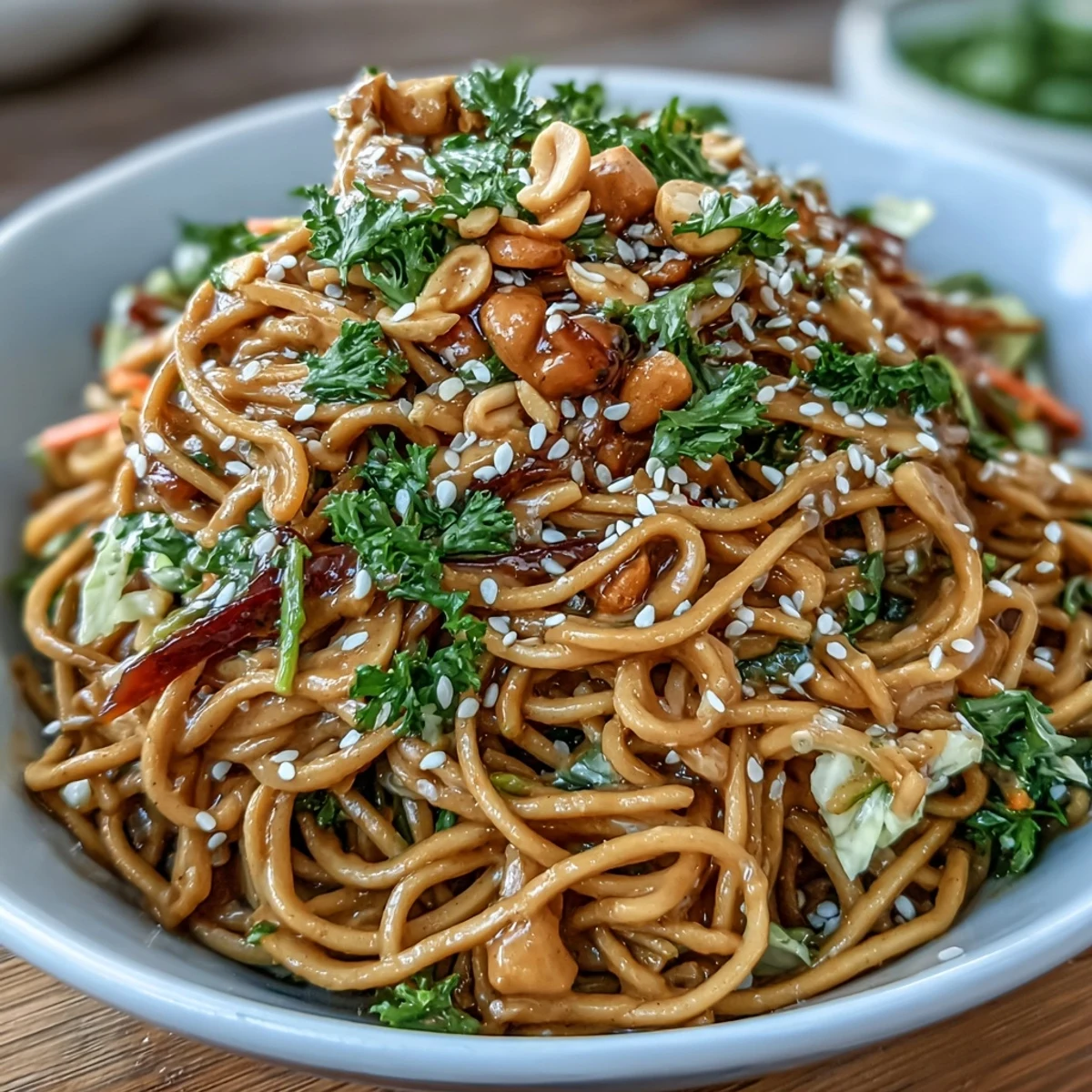 A colorful vegan soba noodle salad with crunchy slaw and spicy peanut dressing, garnished with roasted peanuts and lime.  
