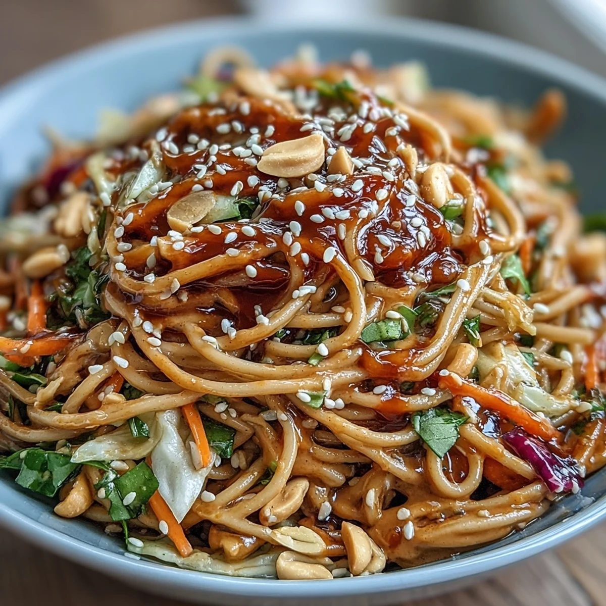 Flavorful vegan soba noodles tossed with crunchy slaw and spicy peanut sauce, topped with sesame seeds for added texture.