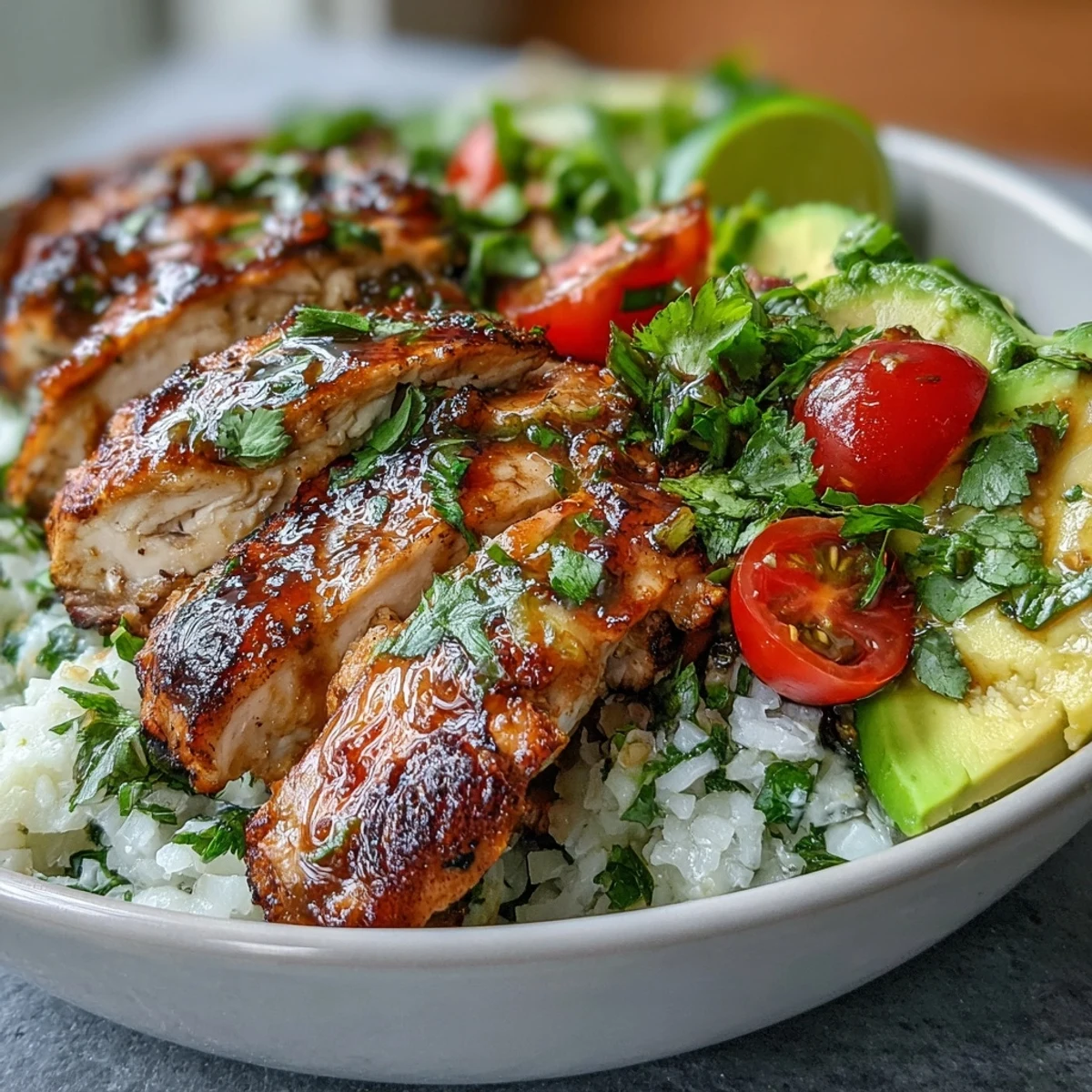 Low-Cal Cilantro Lime Chicken and Cauliflower Rice Bowls with fresh avocado and cherry tomatoes, a healthy and vibrant meal prep favorite.