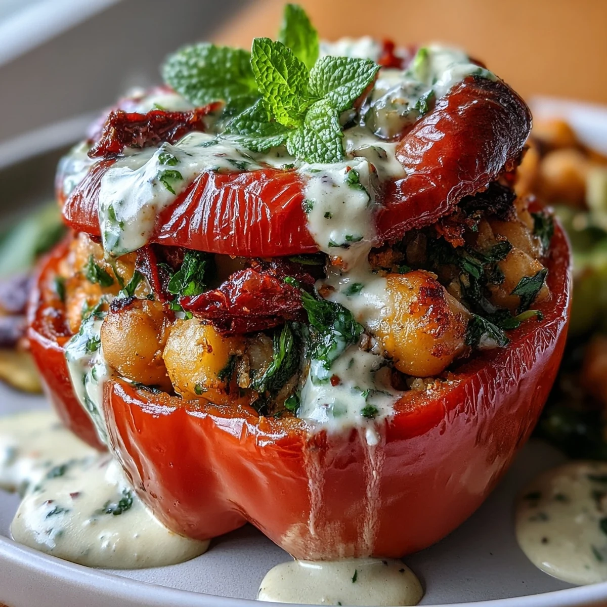 1. Vibrant vegan stuffed peppers filled with herbed chickpeas, quinoa, and olives, topped with creamy lemon tahini sauce.  