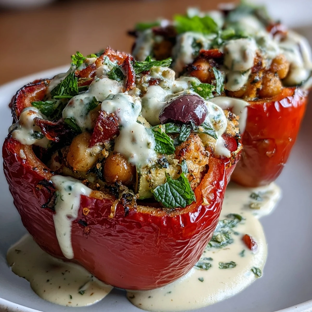 3. Colorful bell peppers packed with hearty chickpea and vegetable filling, served with a rich, tangy lemon tahini sauce.