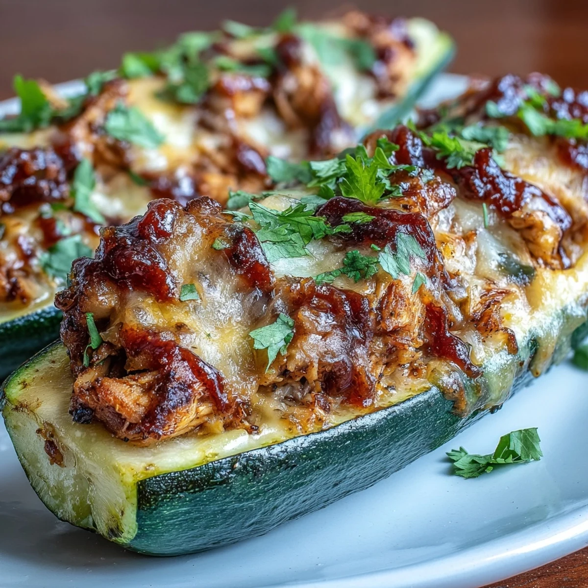Savory zucchini halves loaded with BBQ chicken and topped with melted cheddar, baked until bubbly and golden brown.