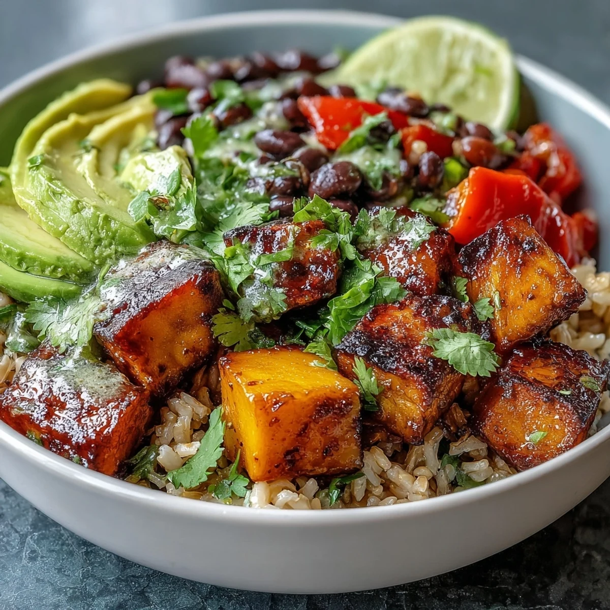 Vibrant mango and black bean brown rice fiesta bowls bursting with fresh veggies, creamy avocado, and zesty lime dressing for a wholesome, tropical meal.  