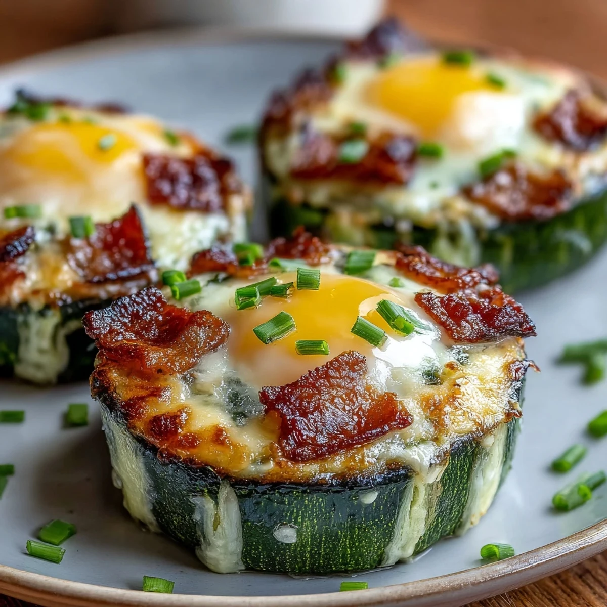 Keto bacon and egg zucchini nests with crispy edges and runny yolks, a low-carb breakfast delight.
